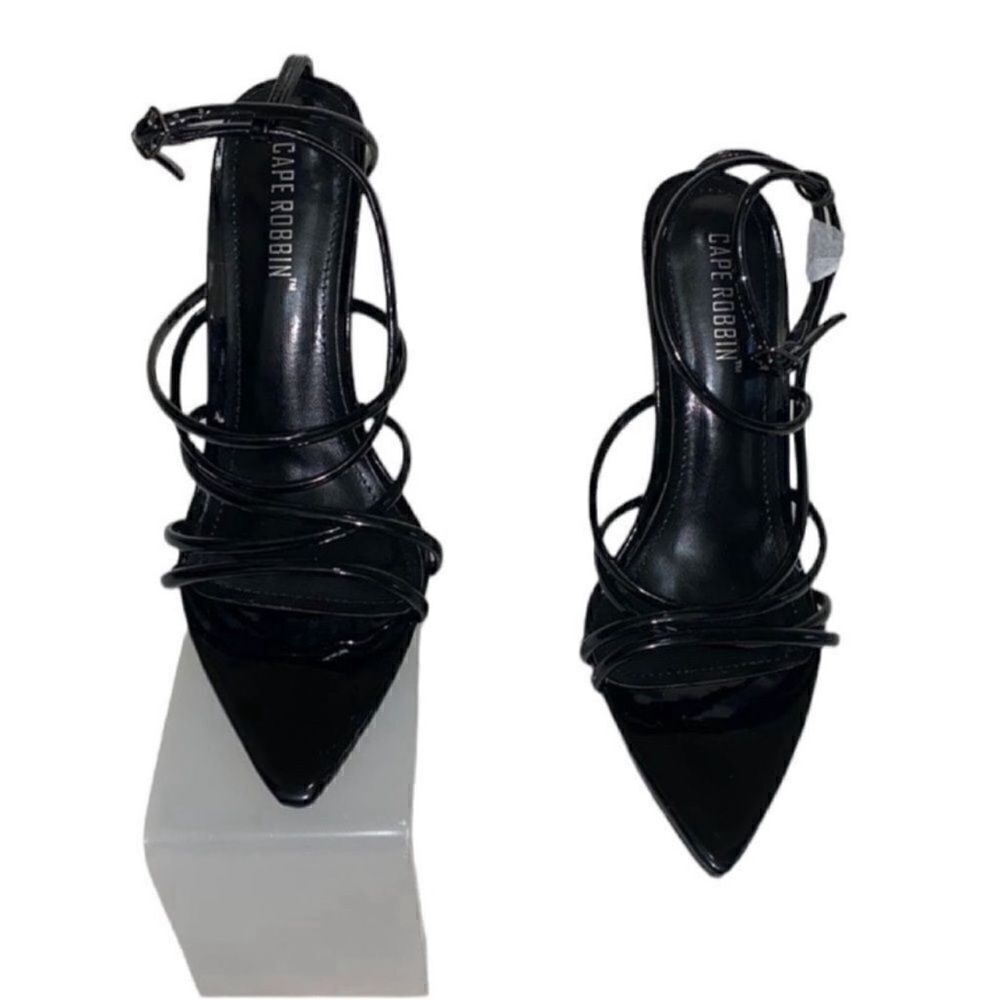 Cape Ribbon Black Strappy Stiletto Heels(Size 8M)